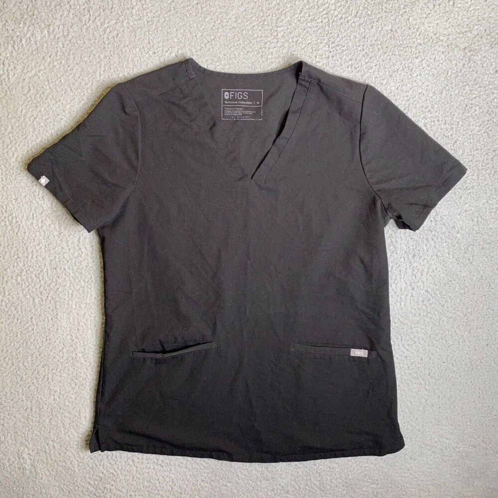 Figs Technical Collection Scrub Top Adult Medium Black V Neck Short Sleeve